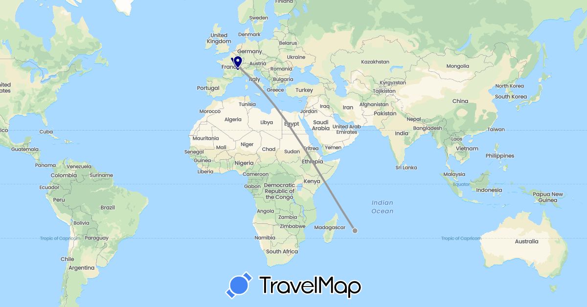 TravelMap itinerary: driving, plane in Switzerland, France, Mauritius (Africa, Europe)
